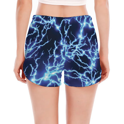 Blue Electric Lightning Print Women's Split Running Shorts