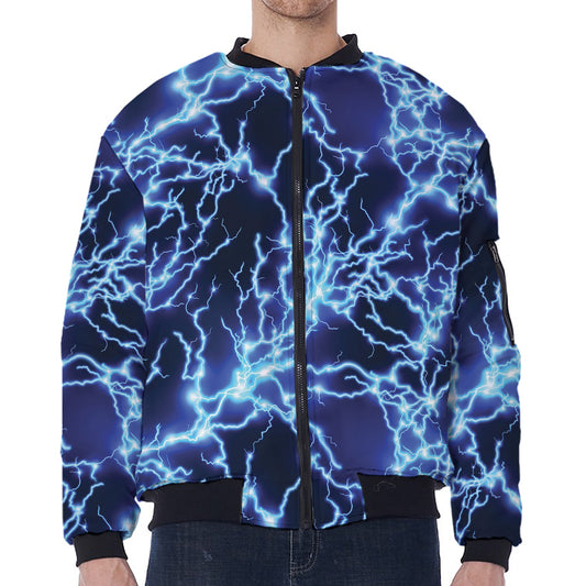Blue Electric Lightning Print Zip Sleeve Bomber Jacket