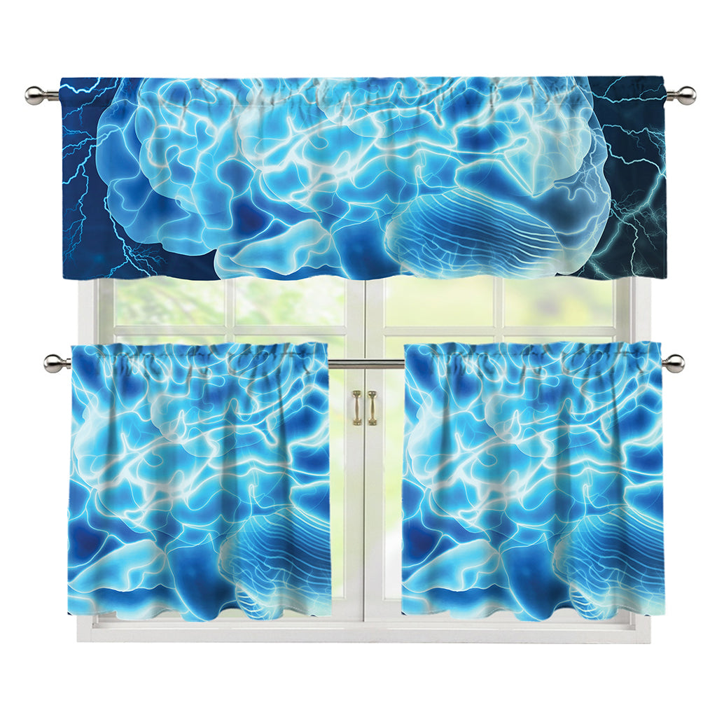Blue Electrical Brain Activity Print 3 Piece Kitchen Curtains