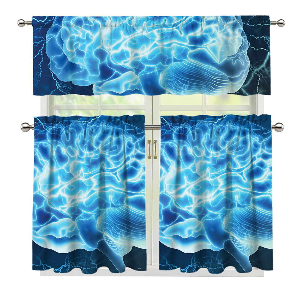 Blue Electrical Brain Activity Print 3 Piece Kitchen Curtains