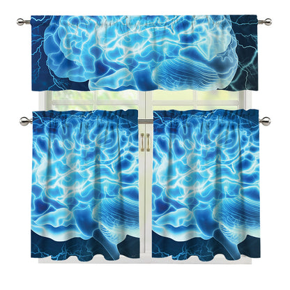 Blue Electrical Brain Activity Print 3 Piece Kitchen Curtains