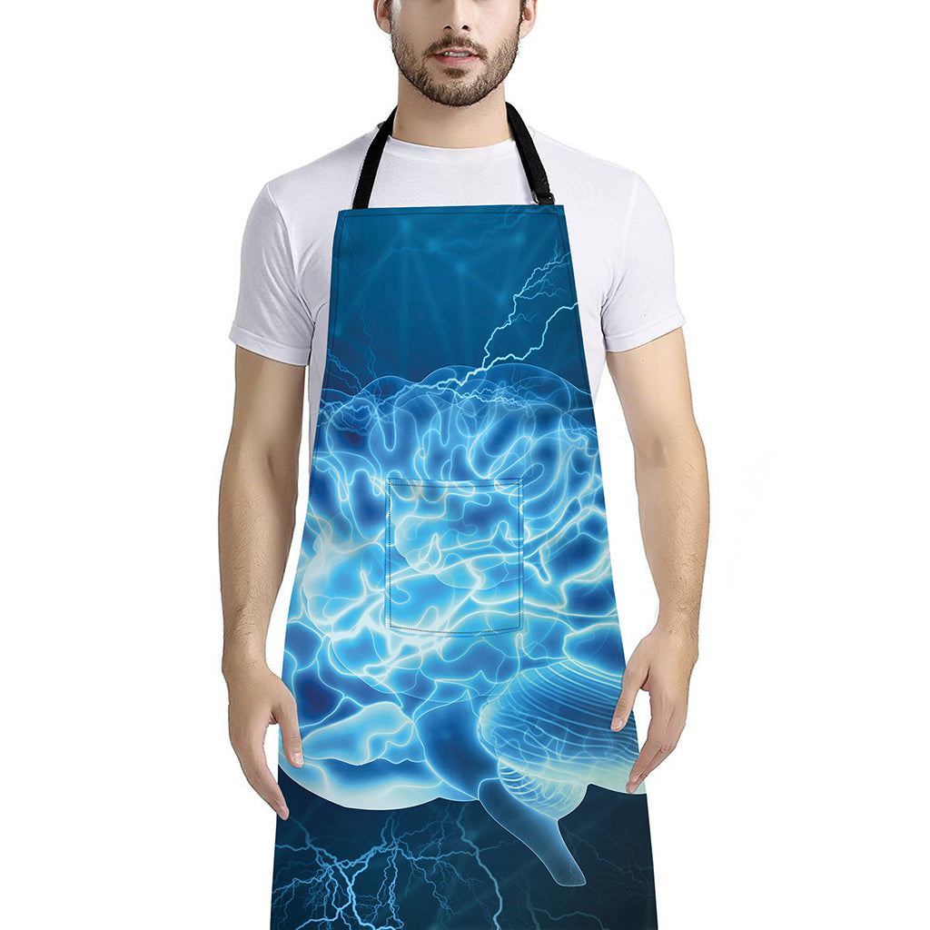 Blue Electrical Brain Activity Print Bib Apron With Pocket