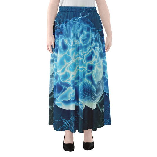 Blue Electrical Brain Activity Print Chiffon Maxi Skirt