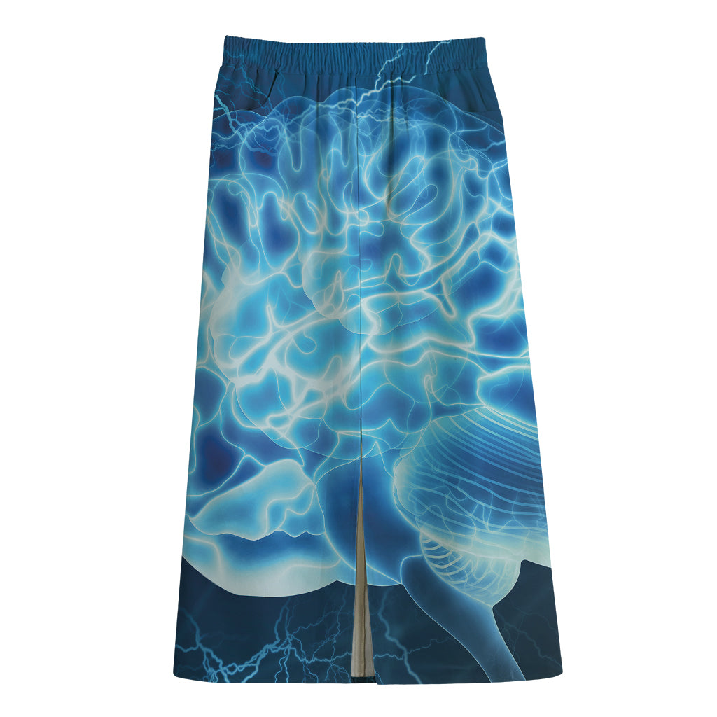 Blue Electrical Brain Activity Print Cotton Front Slit Maxi Skirt