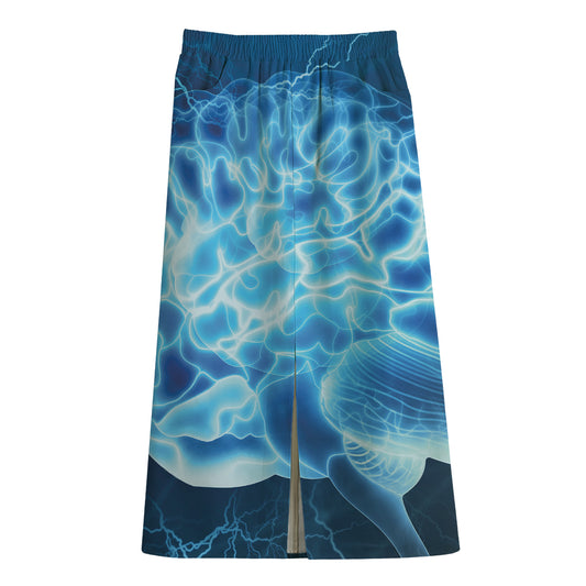 Blue Electrical Brain Activity Print Cotton Front Slit Maxi Skirt