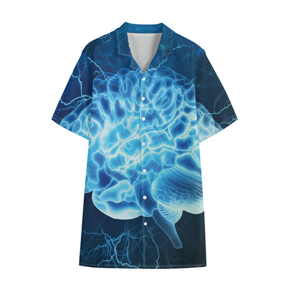 Blue Electrical Brain Activity Print Cotton Hawaiian Shirt
