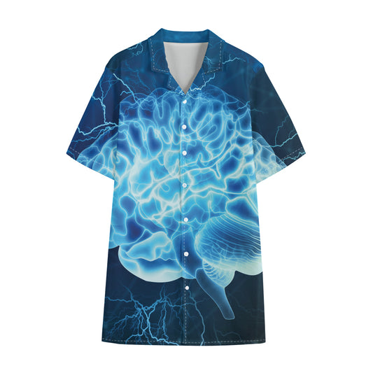 Blue Electrical Brain Activity Print Cotton Hawaiian Shirt