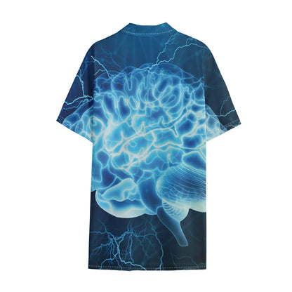 Blue Electrical Brain Activity Print Cotton Hawaiian Shirt