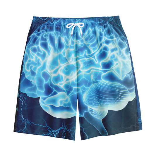Blue Electrical Brain Activity Print Cotton Shorts