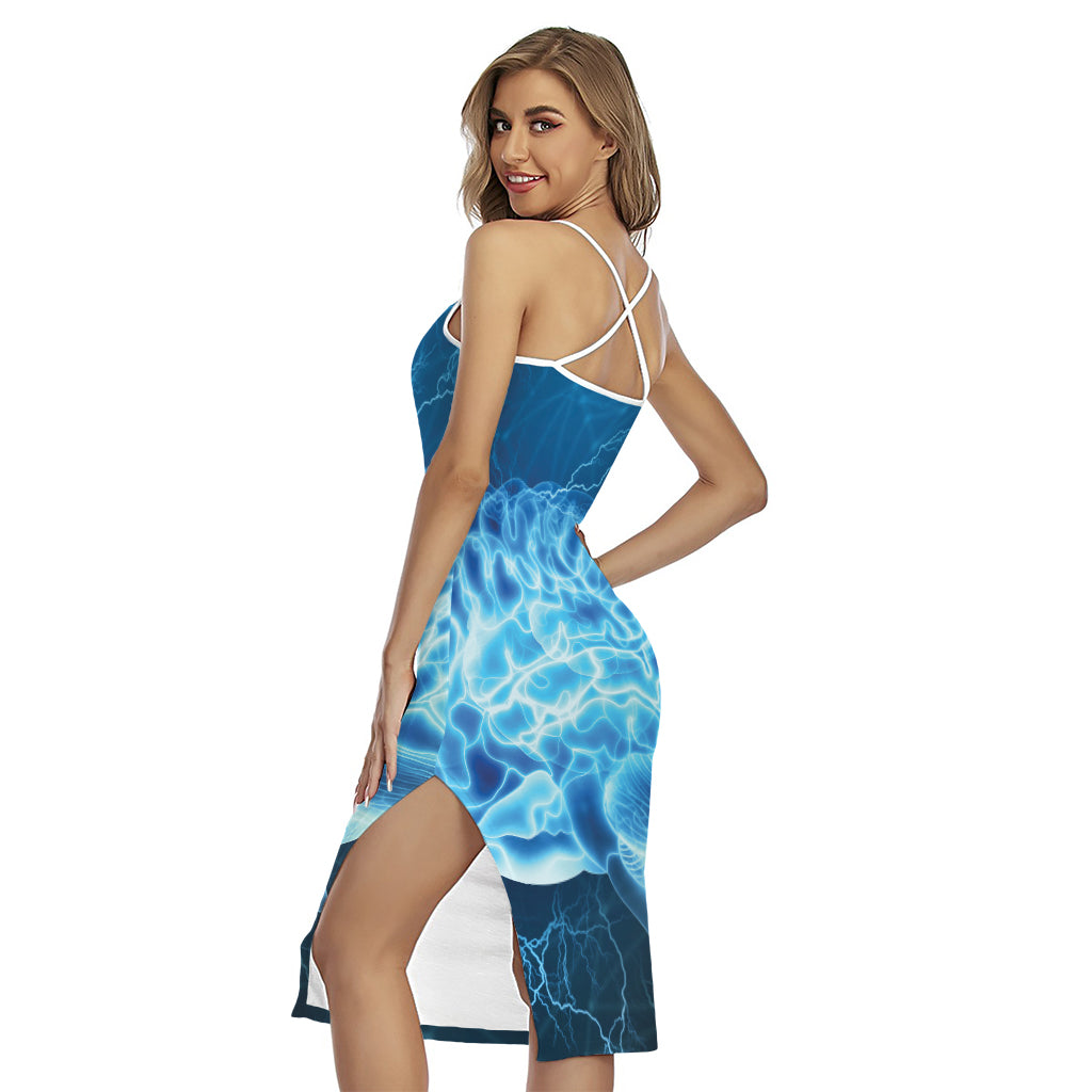 Blue Electrical Brain Activity Print Cross Back Cami Dress