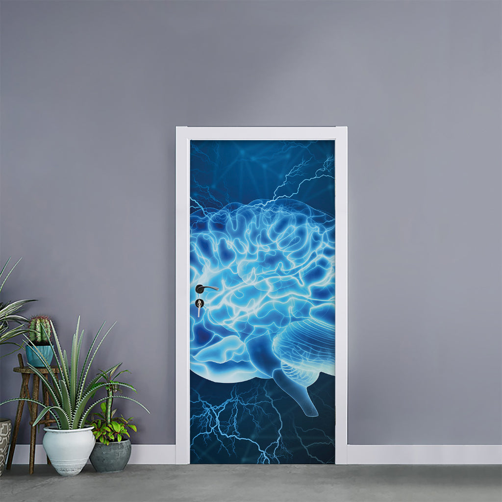 Blue Electrical Brain Activity Print Door Sticker