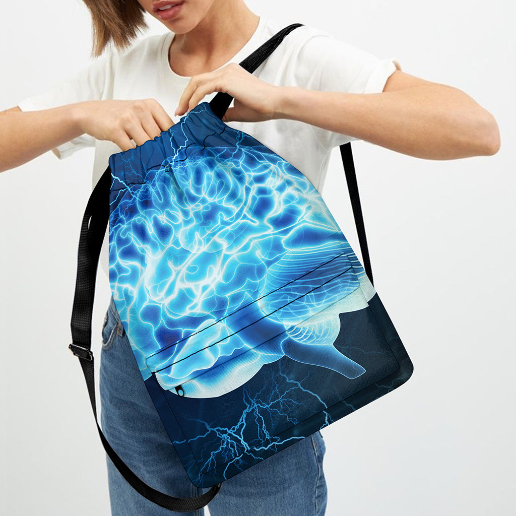Blue Electrical Brain Activity Print Drawstring Backpack