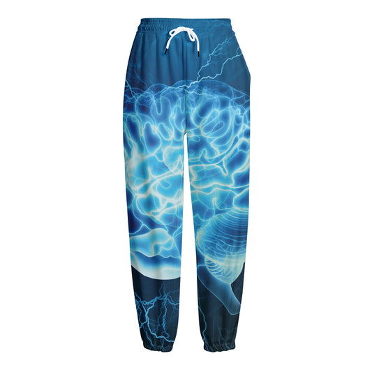 Blue Electrical Brain Activity Print Fleece Lined Knit Pants