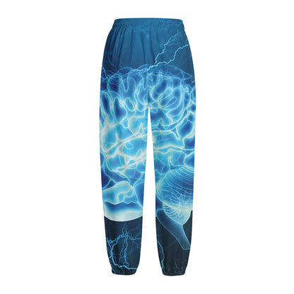 Blue Electrical Brain Activity Print Fleece Lined Knit Pants
