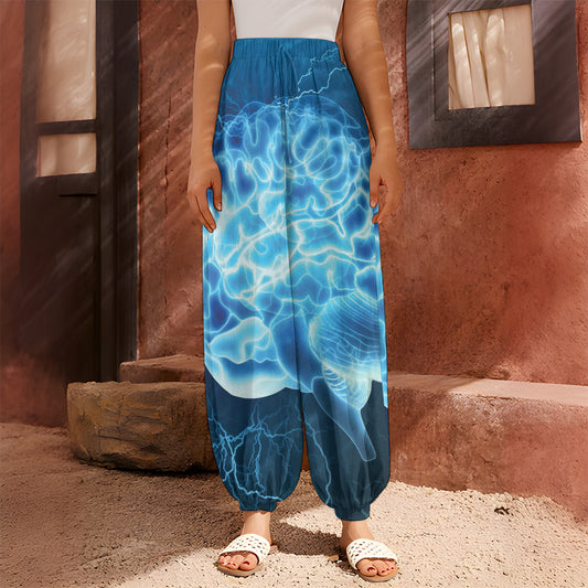 Blue Electrical Brain Activity Print Harem Pants