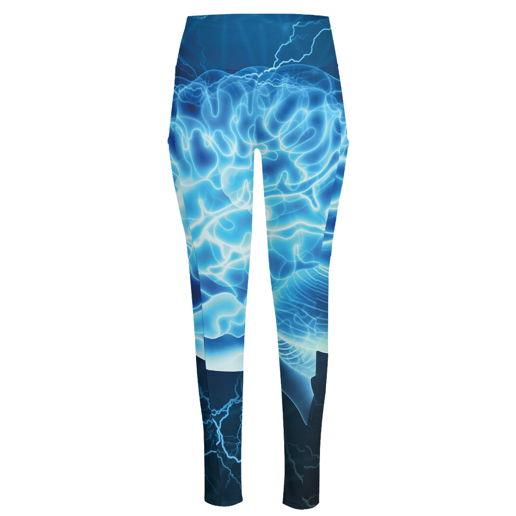 Blue Electrical Brain Activity Print High-Waisted Pocket Leggings