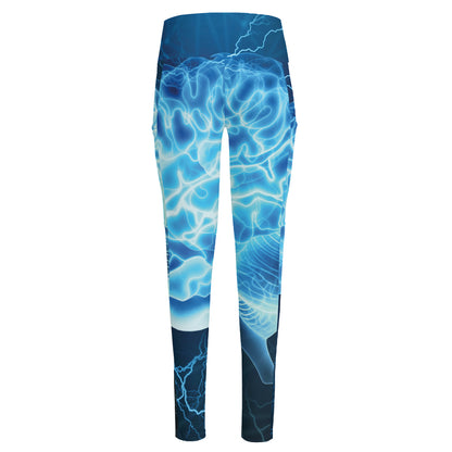 Blue Electrical Brain Activity Print High-Waisted Pocket Leggings