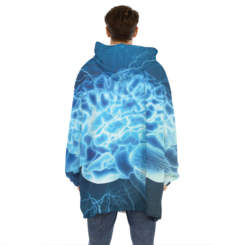 Blue Electrical Brain Activity Print Hoodie Blanket