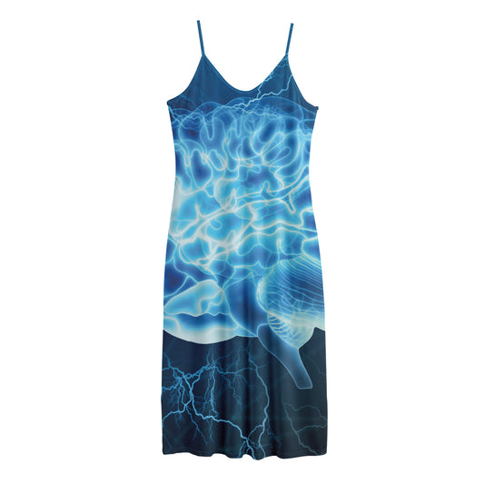 Blue Electrical Brain Activity Print Jersey Midi Cami Dress