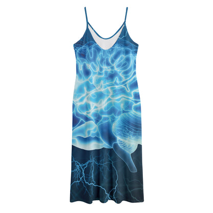 Blue Electrical Brain Activity Print Jersey Midi Cami Dress
