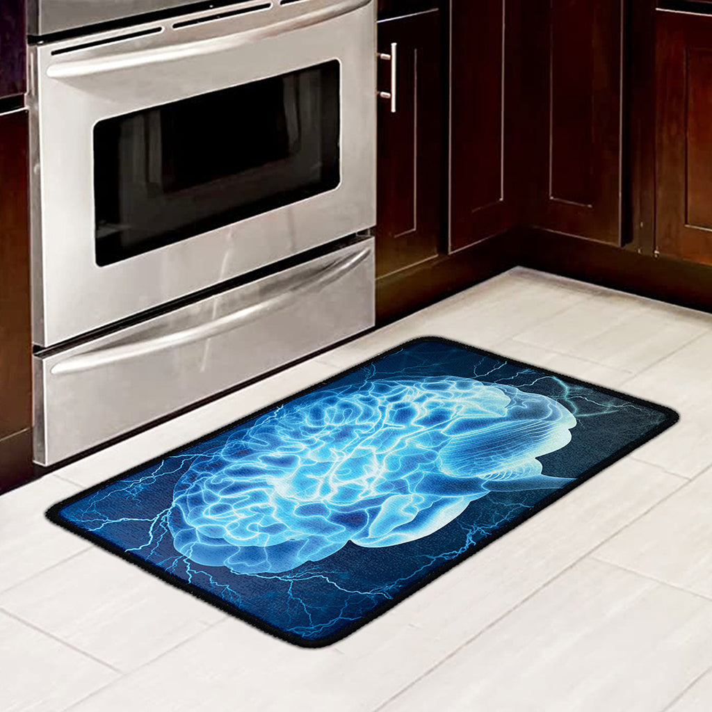 Blue Electrical Brain Activity Print Kitchen Mat
