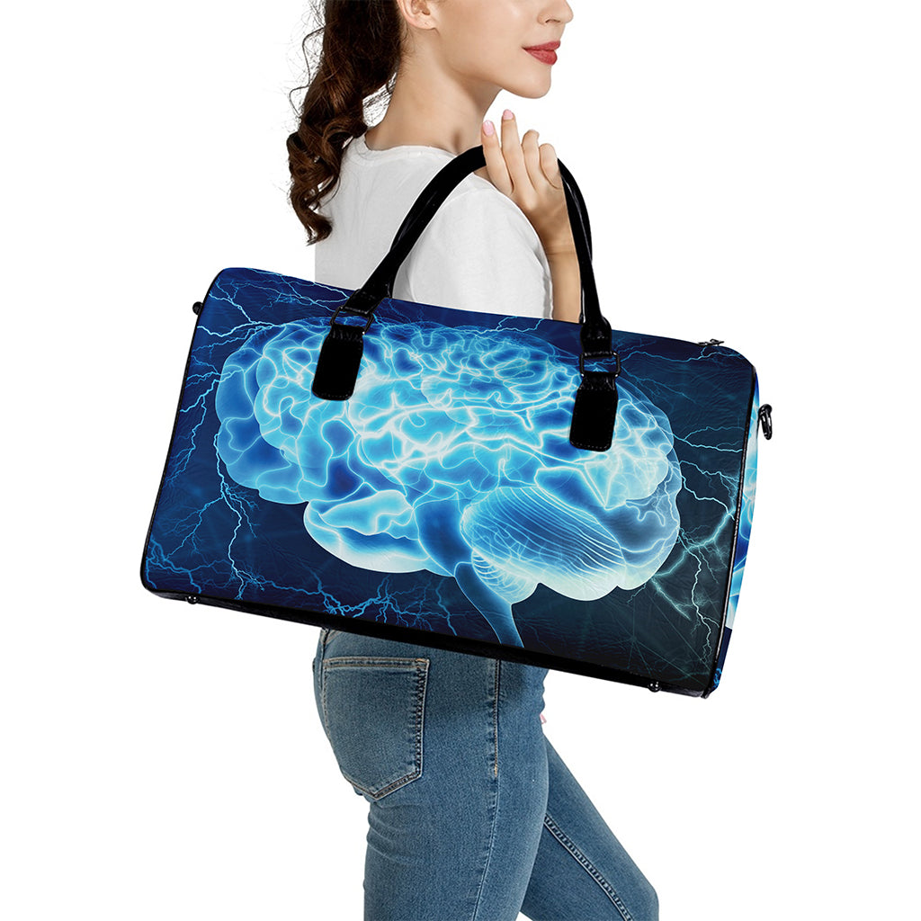 Blue Electrical Brain Activity Print Leather Duffle Bag