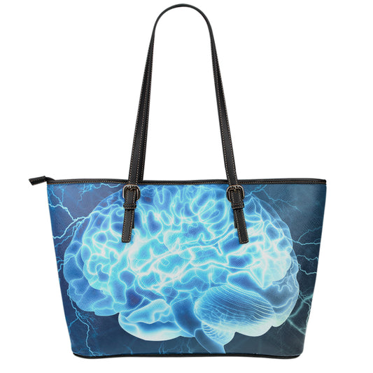Blue Electrical Brain Activity Print Leather Tote Bag