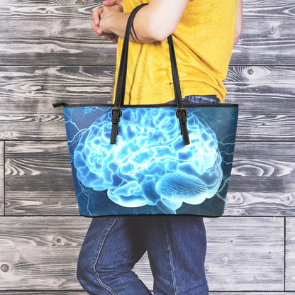 Blue Electrical Brain Activity Print Leather Tote Bag