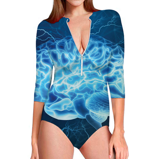 Blue Electrical Brain Activity Print Long Sleeve Swimsuit