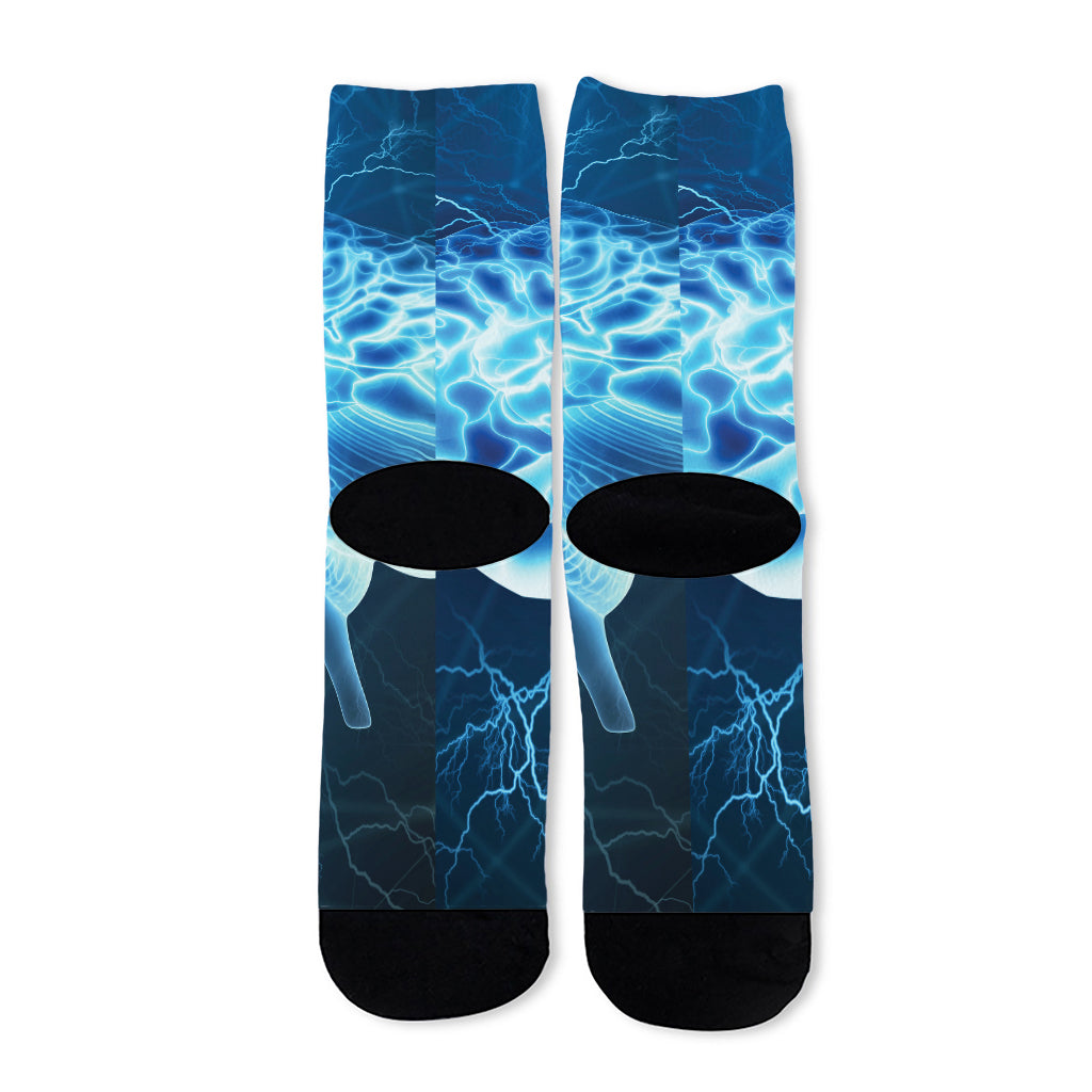 Blue Electrical Brain Activity Print Long Socks