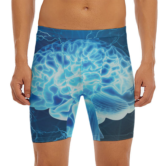 Blue Electrical Brain Activity Print Men's Long Boxer Briefs