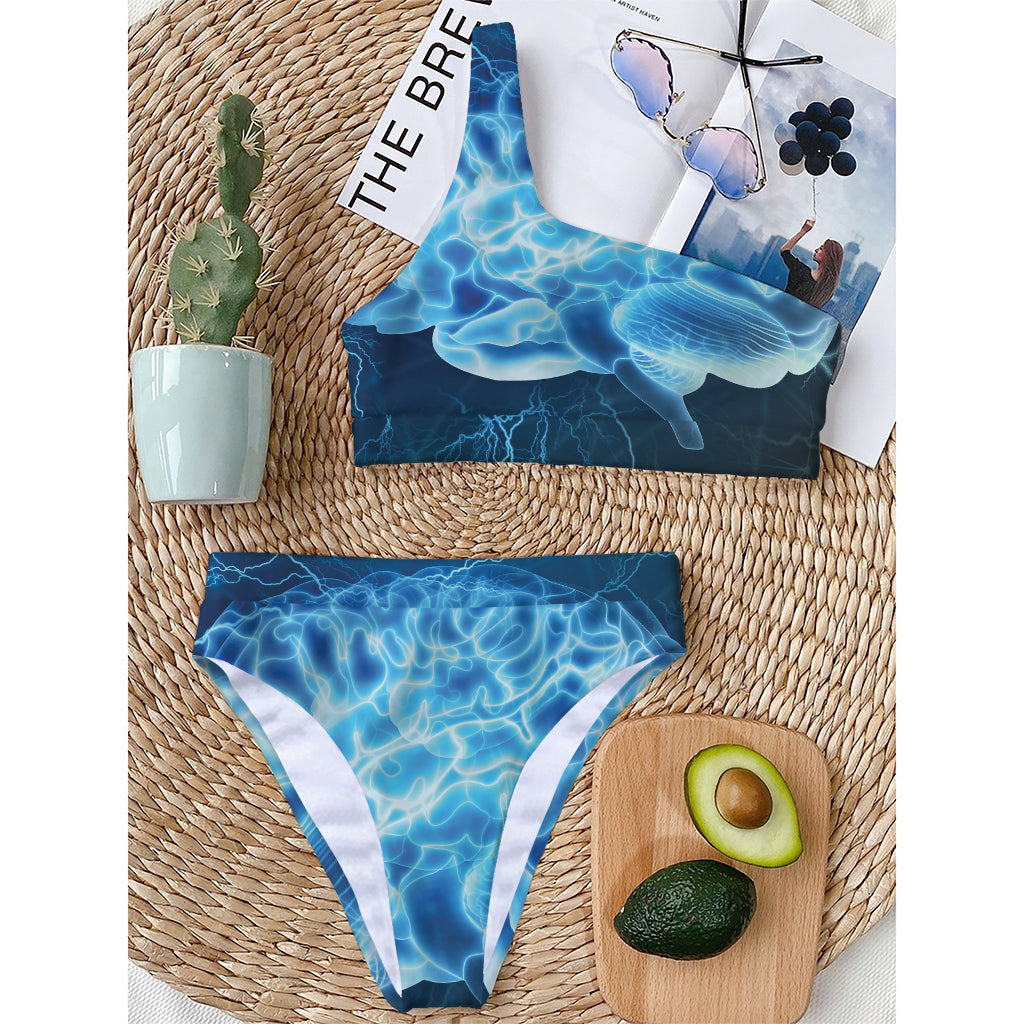 Blue Electrical Brain Activity Print One Shoulder Bikini Top