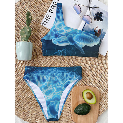 Blue Electrical Brain Activity Print One Shoulder Bikini Top
