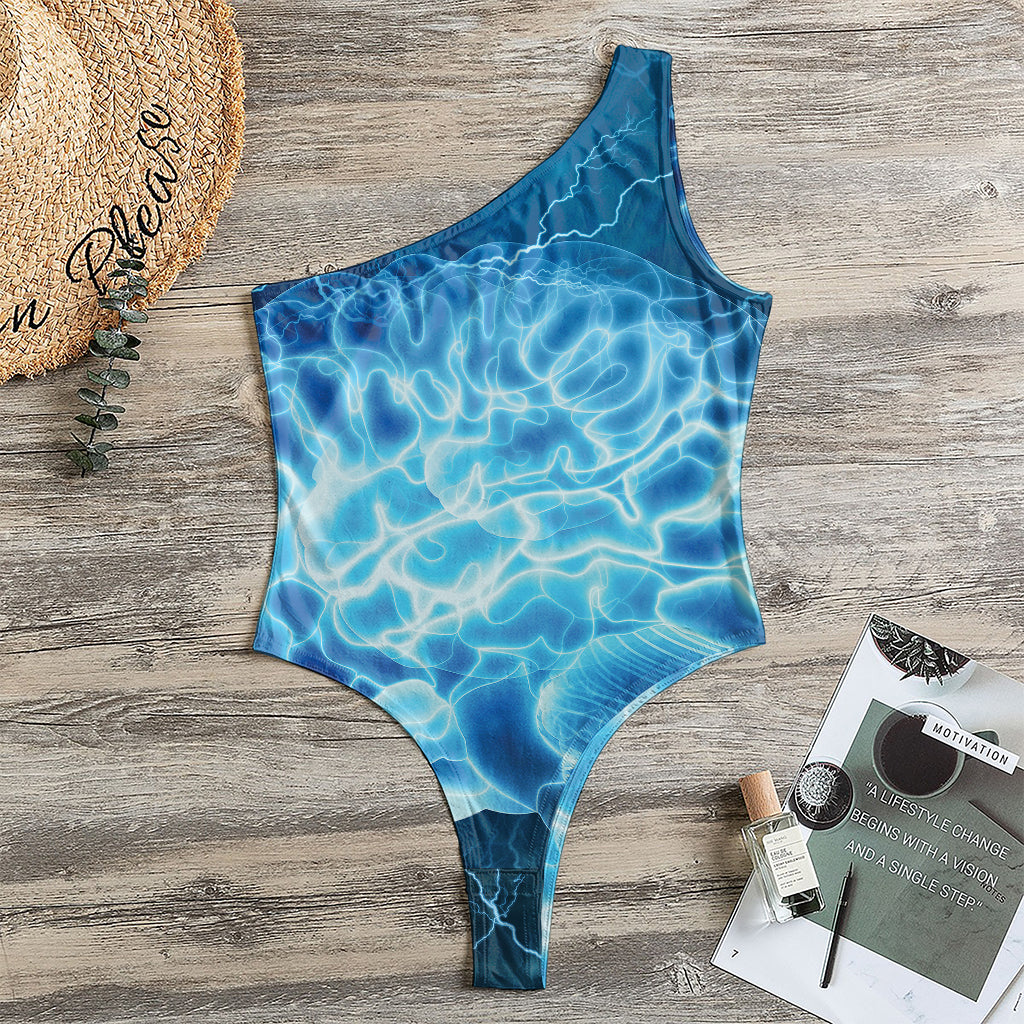 Blue Electrical Brain Activity Print One Shoulder Bodysuit