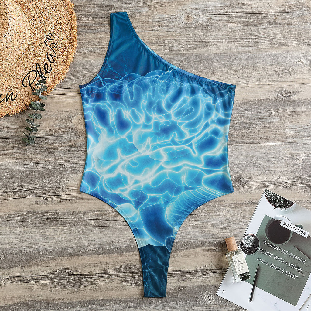 Blue Electrical Brain Activity Print One Shoulder Bodysuit