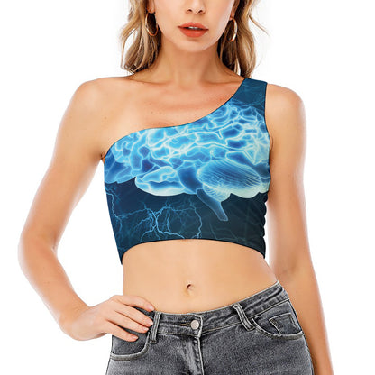Blue Electrical Brain Activity Print One Shoulder Crop Top