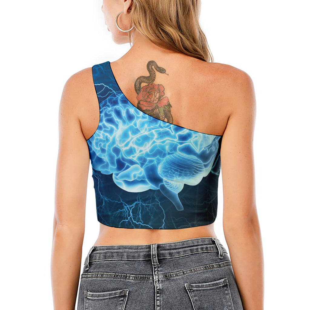 Blue Electrical Brain Activity Print One Shoulder Crop Top