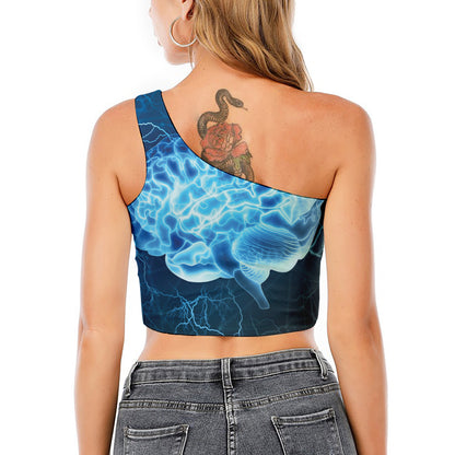 Blue Electrical Brain Activity Print One Shoulder Crop Top