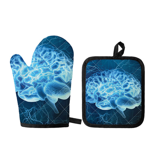 Blue Electrical Brain Activity Print Oven Mitt And Pot Holder Set