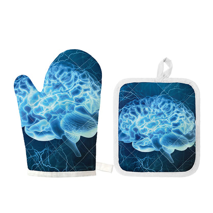 Blue Electrical Brain Activity Print Oven Mitt And Pot Holder Set