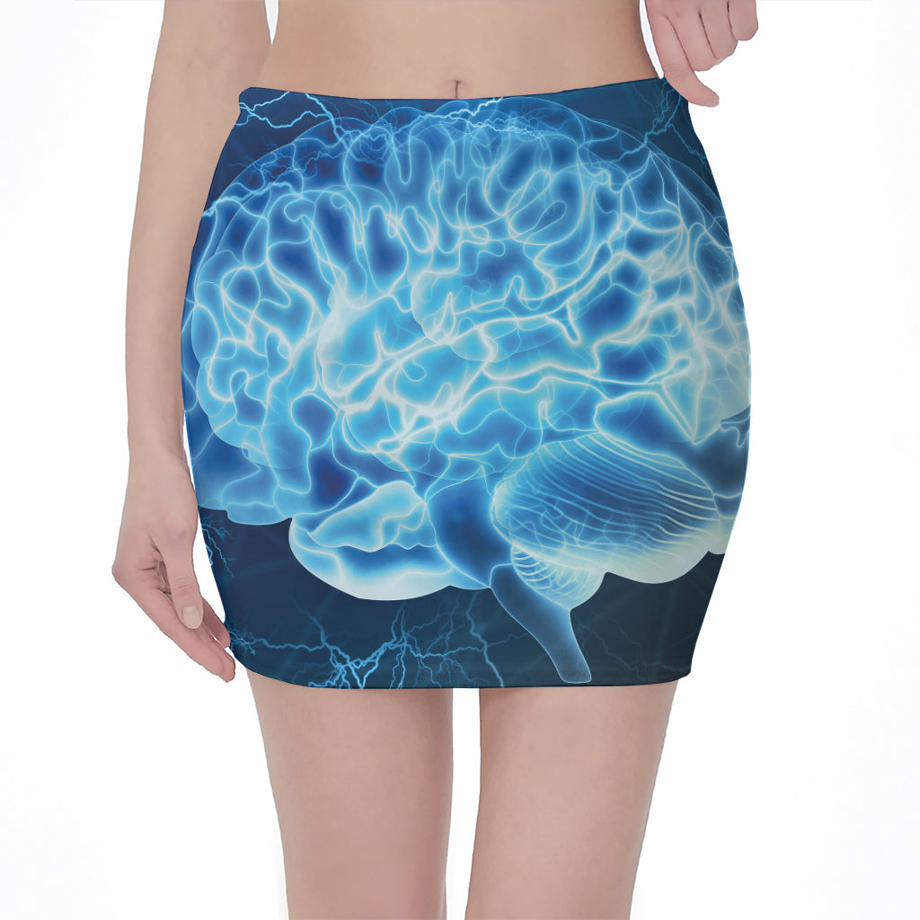 Blue Electrical Brain Activity Print Pencil Mini Skirt