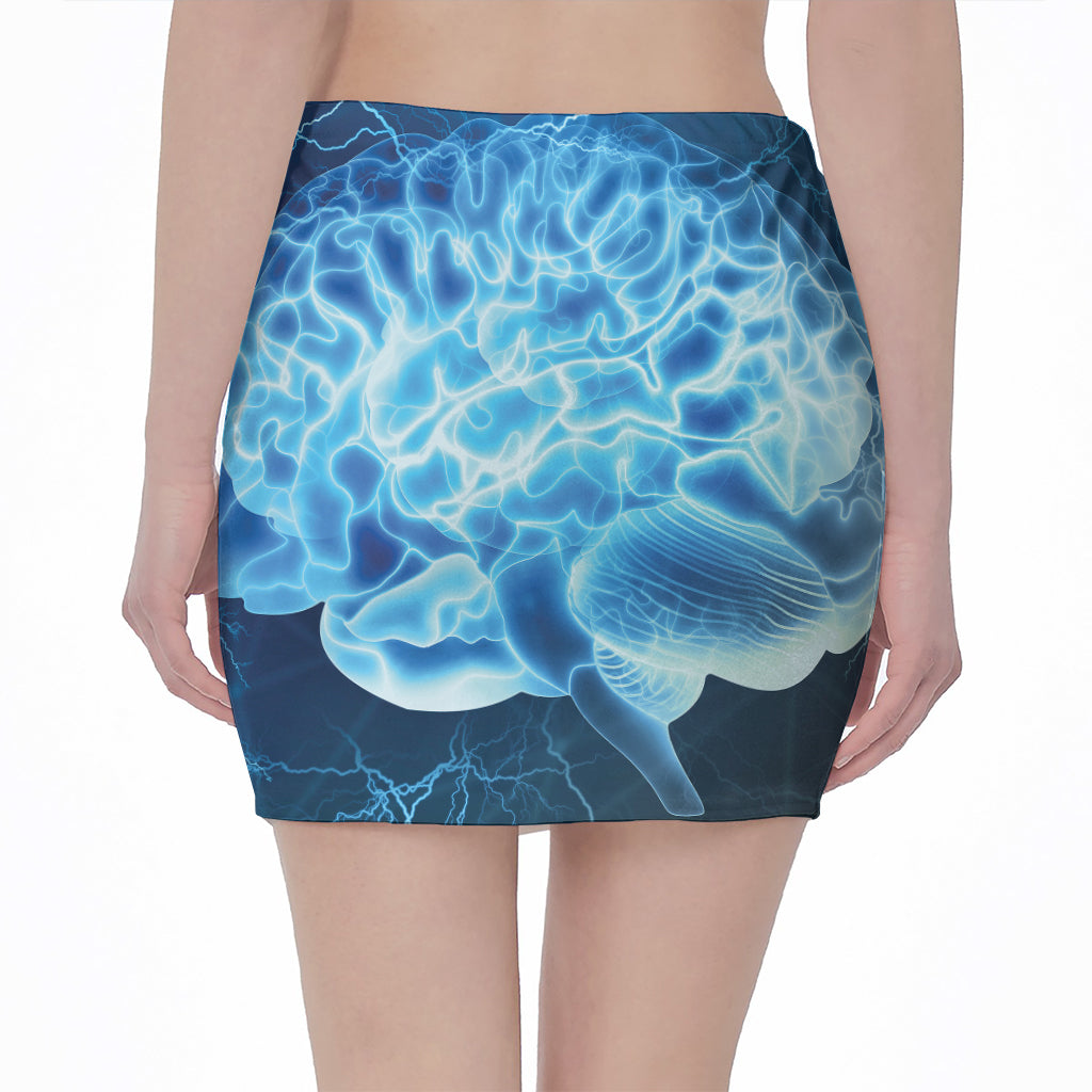 Blue Electrical Brain Activity Print Pencil Mini Skirt