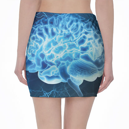 Blue Electrical Brain Activity Print Pencil Mini Skirt