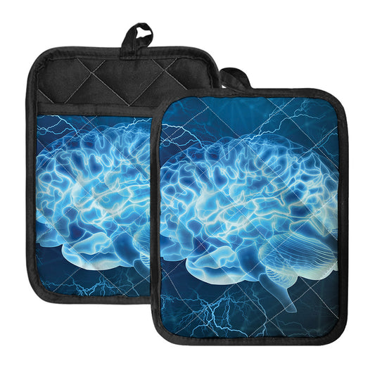 Blue Electrical Brain Activity Print Pot Holders With Pocket