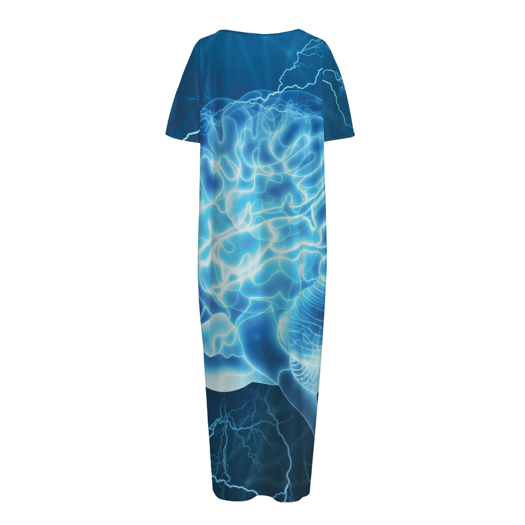 Blue Electrical Brain Activity Print Short Sleeve Long Nightdress