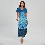Blue Electrical Brain Activity Print Short Sleeve Maxi Dress