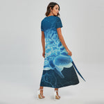 Blue Electrical Brain Activity Print Short Sleeve Maxi Dress