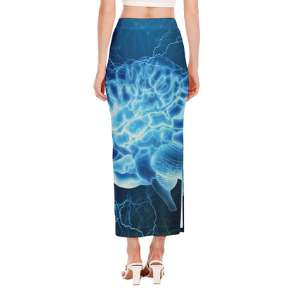 Blue Electrical Brain Activity Print Side Slit Maxi Skirt