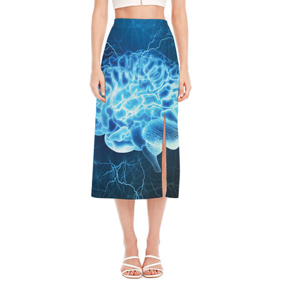 Blue Electrical Brain Activity Print Side Slit Midi Skirt