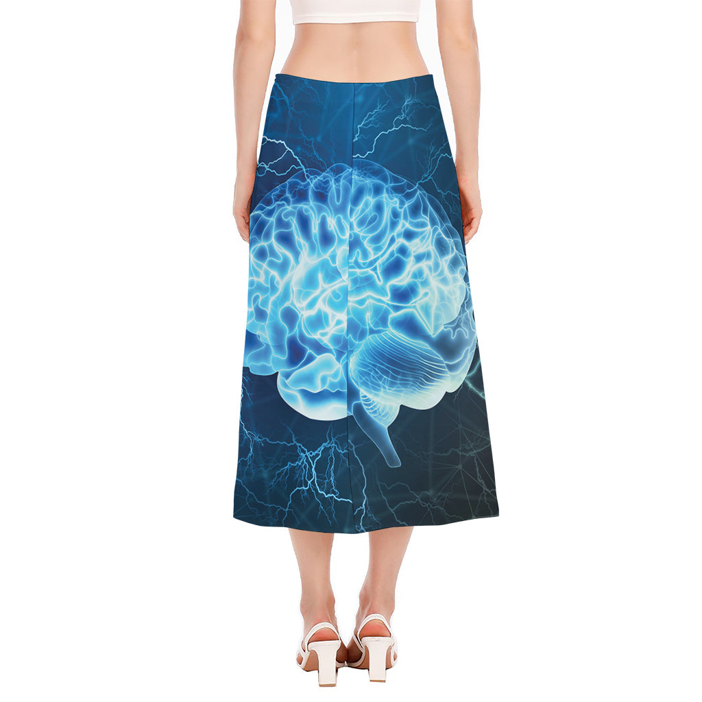 Blue Electrical Brain Activity Print Side Slit Midi Skirt